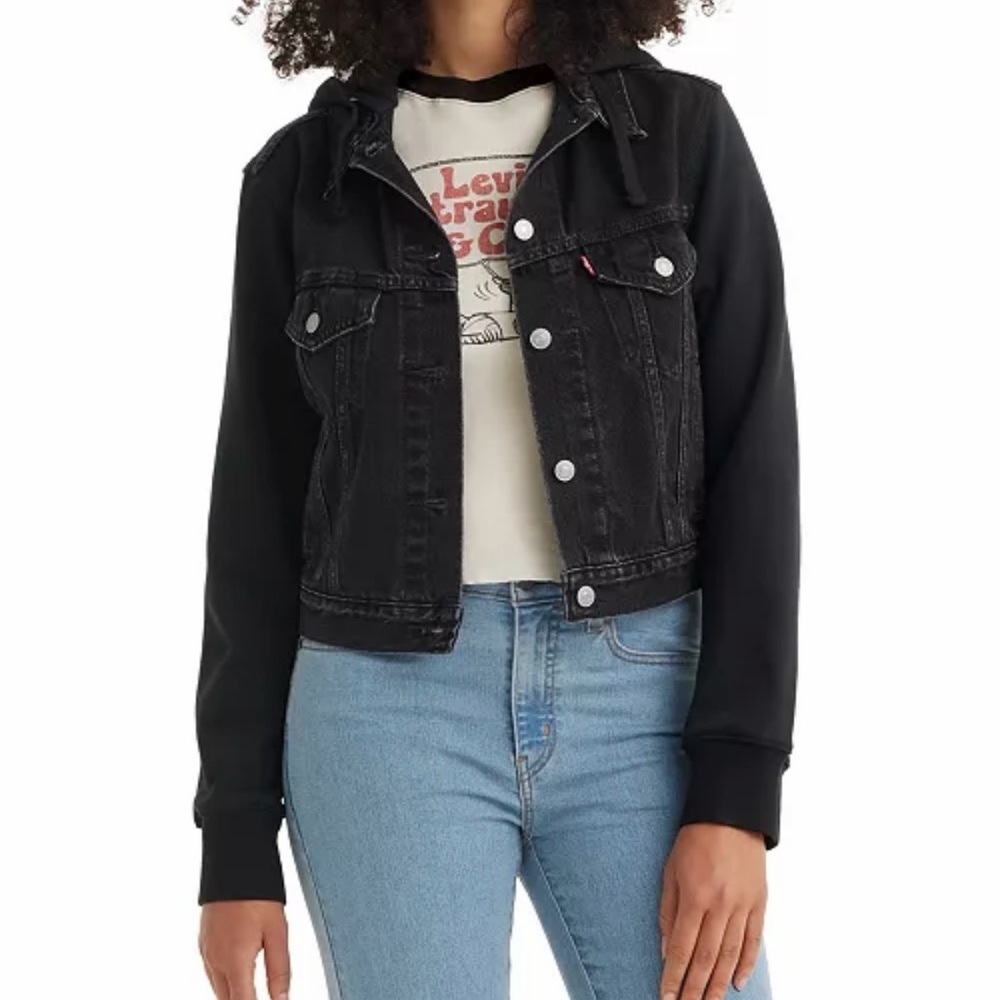 Levi's Black Hooded Mixed-Media Denim Jacket